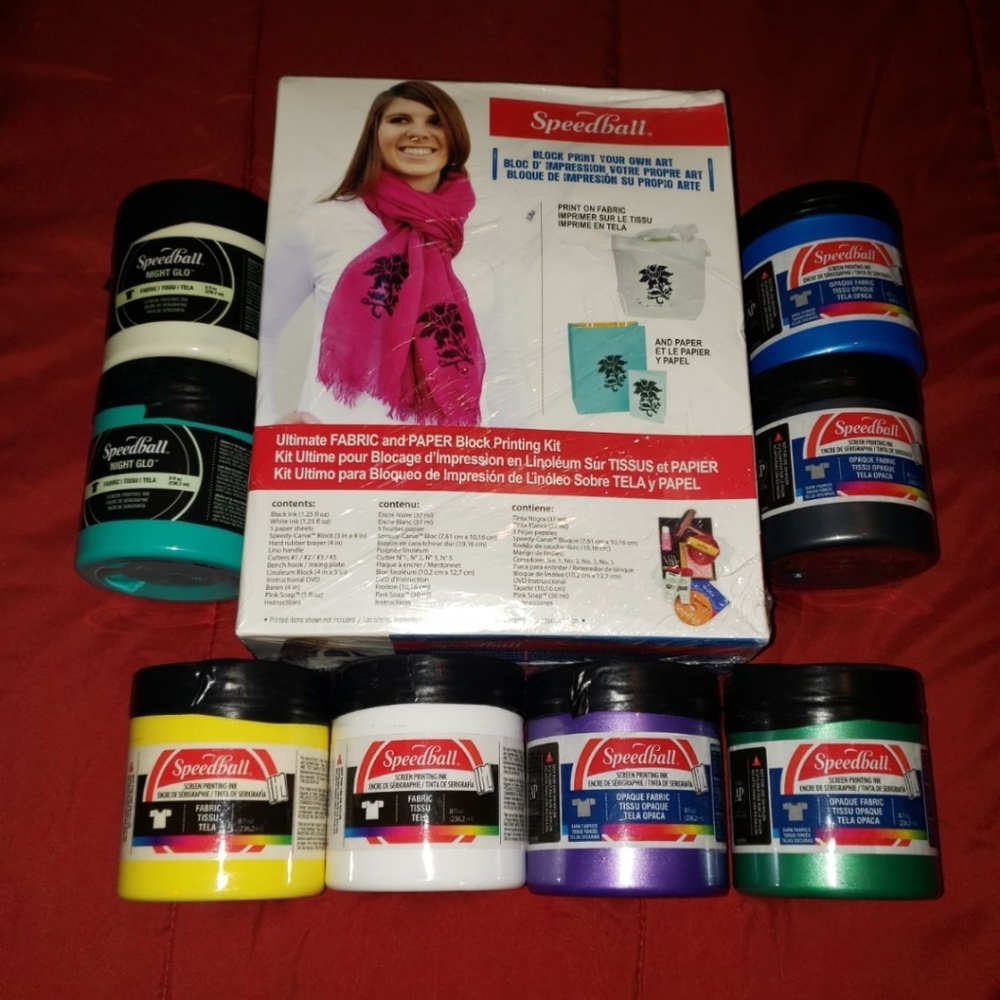 SPEEDBALL ULTIMATE FABRIC BLOCK PRINTING KIT PLUS (8) EXTRA SPEEDBALL PAINTS